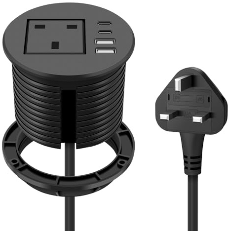 Recessed Power Socket with 1 UK Plug, 20W Fast Charging USB-C Port, Desk Power Grommet 80mm, Seamless Flush Mount - Make Your Desktop Tidier, Workspace Essential Desk Socket (Black)