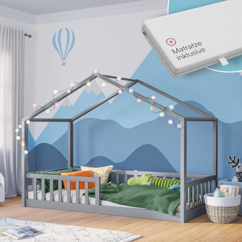 Bellabino Bia Bodenbett 90x200 cm, Hellgrau, mit Matratze, Massivholz | Montessori Hausbett aus Kiefer, mit Rausfallschutz, mit Lattenrost, Kinderbett für Jungen & Mädchen, Holzbett, Kinderzimmer