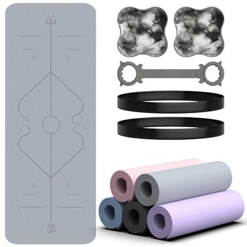 Soontrans Yoga Matte 183x68CM, Yogamatte Rutschfest 8 mm Dicke, TPE, Gymnastikmatte mit Widerstandsbänder, Kniekissen, Expander, Sportmatte Fitnessmatte Trainingsmatte Pilates Matte (grau)