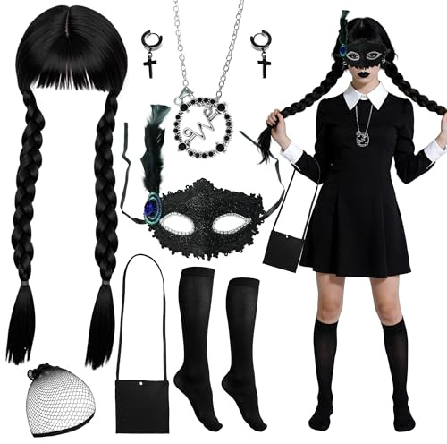 Mittwoch Kostüm Damen, Schwarzes Gotisch Mittwoch Wdnesday Kostüm Erwachsene Cosplay Zubehör Set mit Perücke Halskette Socken Ohrstecker Gesichtsmaske Tasche Haarnetz Karneval Fasching Cosplay Party