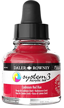 Daler-Rowney System3 Acrylic Ink, Glass Bottle with Dropper, Opaque, 1oz - 29.5 ml, Cadmium Red Hue