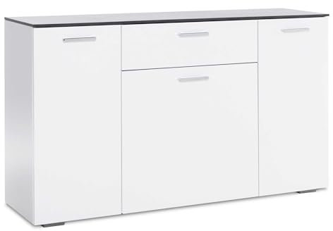Kommode - Sideboard Hochglanz Front / Beton-Optik Topplatte (B/H/T: ca.: 140 x 84 x 40 cm) mit 3 Türen / 1 Schubkasten, verchromte Griffe - made in Germany