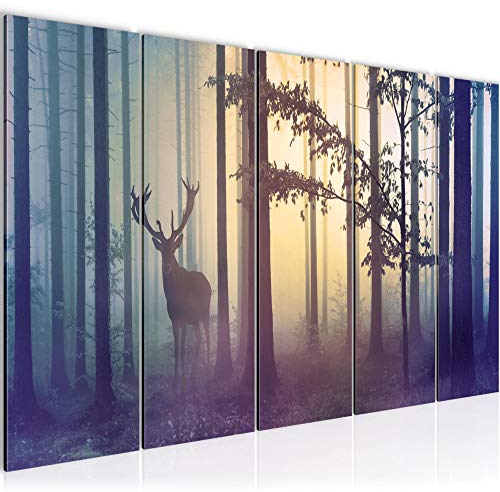 Runa Art Wandbild XXL Wald Hirsch Schlafzimmer Wohnzimmer 200 x 80 cm Blau 5 Teilig - Made in Germany - 013455a