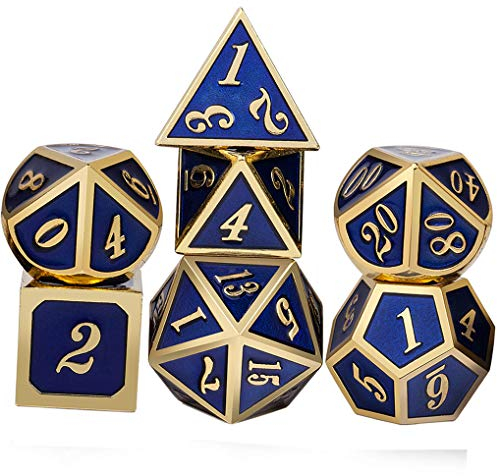 Yourandoll 7 STÜCKE Zinklegierung Metall Würfel Polyeder Würfel D20 D12 D10 D8 D6 D4 für Dungeons und Dragons DND RPG MTG Würfel Tischspiele 16mm (Blau Gold 1)