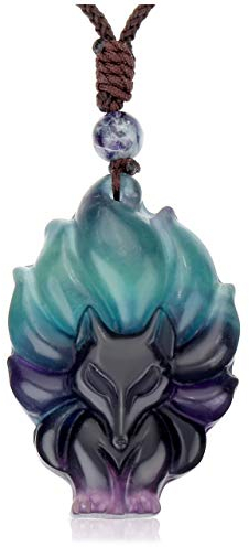 JSDDE Fuchs Kette, Neunschwänziger Fuchs Anhänger Halskette, Amulett Edelsteine Anhänger, Heilsteine Kette, geflochten Glückskette, Reiki Heilung Glücksbringer Schmuck für Damen Herren (Fluorit)