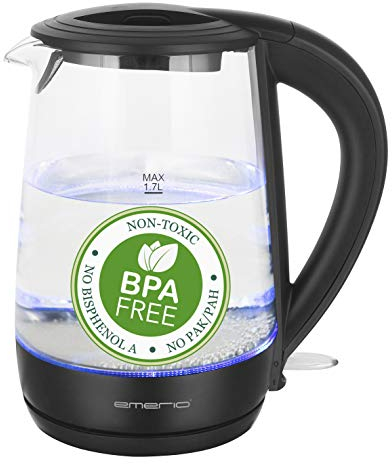 Emerio Glas Wasserkocher 1.7L Volumen BPA frei aus bestem Borosilikatglas 2200 Watt blaue LED Innenbeleuchtung Überhitzungsschutz mit hochwertigem Edelstahl Heizelement WK-123124, glas/schwarz