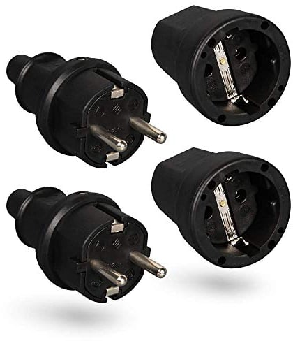 HEITECH Gummi Schutzkontakt Stecker & Kupplung - 2er Pack Schutzkontakt Set mit Knickschutz, schwarz, 250V, 16A, IP20 für Innenbereich - Vollgummi Schuko Stecker & Kupplung