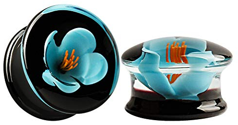 KUBOOZ (1 Paar Glas-handgefertigte blaue Blume Ohr Plugs Tunnels Messgeräte Bahre Piercings.