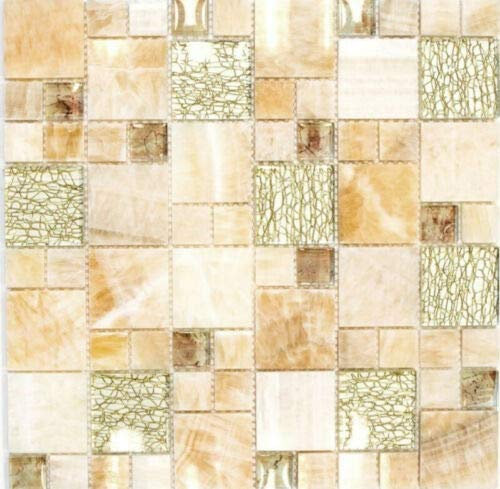Piastrelle a mosaico, traslucide, color ambra e oro, combinazione di mosaico in vetro, pietra di onice elegante, oro MOS88-MC649_f