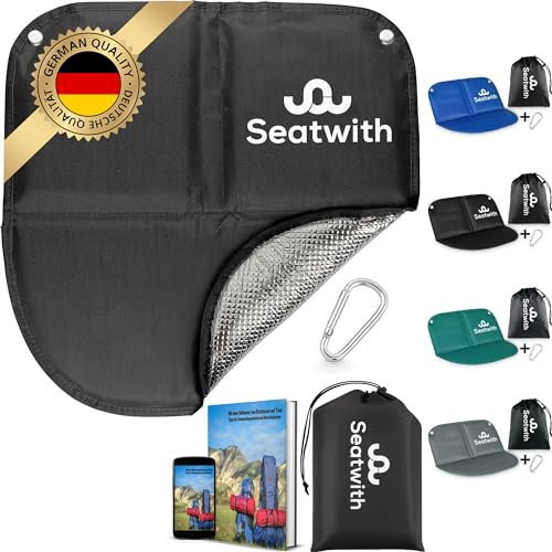 Faltbares Iso-Sitzkissen (40x40cm) mit Wärme isolierender ALU Unterseite + Tragetasche & Karabinerhaken für ideale Befestigung am Rucksack maximaler Schutz vor Kälte Nässe Schmutz
