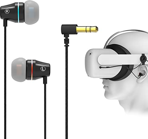 GEEKRIA QuickFit VR Short Earbuds Compatible with Meta Quest 2, In-Ear Headphones with S/M/L Size Ear Tips, 3D 360 Degree Sound Earphone for Virtual Reality Gaming Headset (Black)
