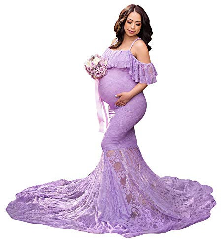 Robe Shooting Grossesse Sexy Elégante Vetements Maternité Robe Longue en Épaule Dénudée Dentelle à Sirène Femme Enceinte Costume Habillée de Photographie Plage Mariage Soireé Cérémonie Violet XL