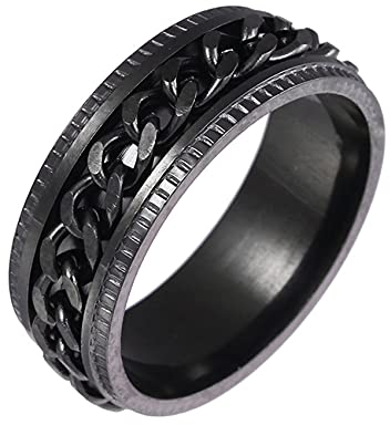 Yifnny Spinner Ring, Edelstahl Kette Spinner Ring Zappel Ring Verflechtungs-Spins Ring mit Gerillter Kante Coole Daumenring Schwarz Spinner Ringe für Damen Herren (Schwarz, 7)