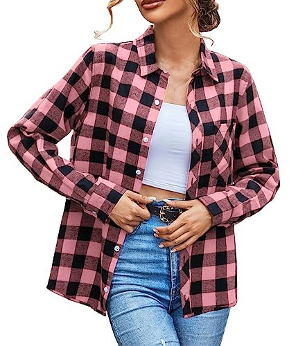 SANGTREE Camicia da donna a maniche lunghe in flanella a quadri con bottoni in cotone, 3 mesi - US 2XL, Plaid Grigio Rosa, M