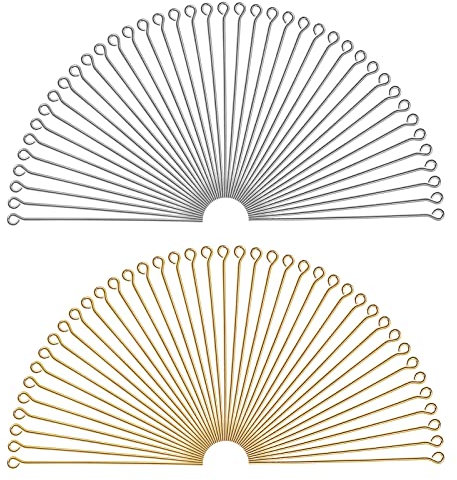 TOAOB 200pcs 50 mm Épingle à Oeil Aiguilles Tiges Clous Tête Ronde en Laiton Argent Doré pour Accessoire Fabrication de Bijoux Artisanat