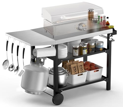 Skyflame Heavy Duty Pizza Oven Table & BBQ Prep Cart, Stainless Steel Rolling Grill Cart with Lockable Wheels, 3 Shelf Outdoor Workstation for Griddle/Patio – 170 lbs, No Wobble