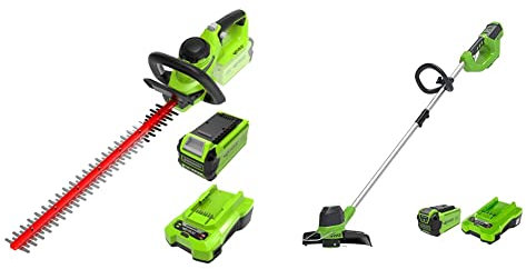 Greenworks Tagliasiepi a Batteria Elettrico 2 Ah 40 V Lunghezza Lama 61 cm Distanza Denti 27 mm Impugnatura Ergonomica Regolabile G40HT61K2 & Tagliabordi A Batteria 40V, Taglio 30 Cm