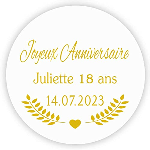 MameArt 50 PCS Étiquettes Joyeux Anniversaire Personnalisés Prénom, 4cm Autocollants pour Mariage Anniversaire Ans Baptême Cadeaux Fête (Or 1)