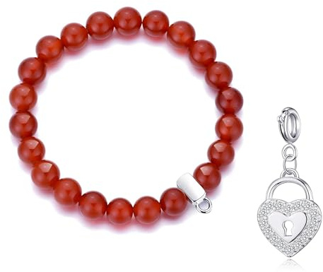 Philip Jones Carnelian Gemstone Bracelet with Heart Lock Charm Created with Zircondia® Crystals