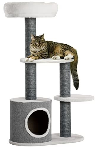 PawHut Albero per gatti con Lettino, Casetta e Tiragraffi, 55.5x30.5x98 cm, Bianco