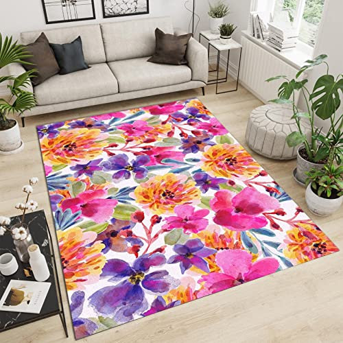 Tapis de Chambre Fleur Aquarelle Rose Jaune Violet, Tapis Moquette de Salon à Poils Ras, Résumé Moderne Lavable Tapis Intérieur - pour Décor de Cuisine Et de Salle à Manger 80 x 120 cm