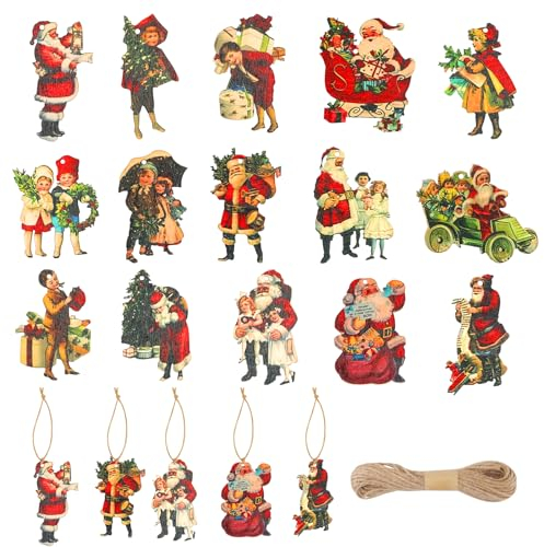 Vaktop Xmas Tree Decorations, 45 PCS Vintage Christmas Decorations with Strings, Victorian Christmas Decorations Santa Claus Kids Wood Hanging Pendant for Christmas Tree Hanging Ornaments
