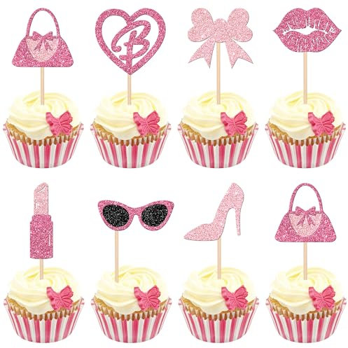 24 PCS Princess Cupcake Toppers Glitter Pink Girl Cupcake Picks Handbag Glasses Bow Lipstick Tie High Heel Cake Decorations for Wedding Bridal Shower Baby Shower Birthday Party Supplies