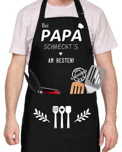 Tarklanda Schürze mit Spruch Bei Papa schmeckt's am besten! - Baumwolle Kochschürze für Männer Grillschürze Schwarz Geschenk für Papa zum Geburtstag Grillparty Vatertag