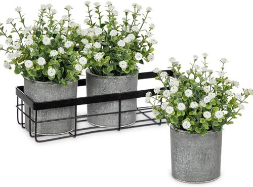 Briful Set of 3 Gypsophila Artificial Flowers in Pot, Artificial Babys Breath with Black Metal Flower Stand, Fake Plants White Gypsophila Flowers for Centerpieces, Shelf, Desk Decor