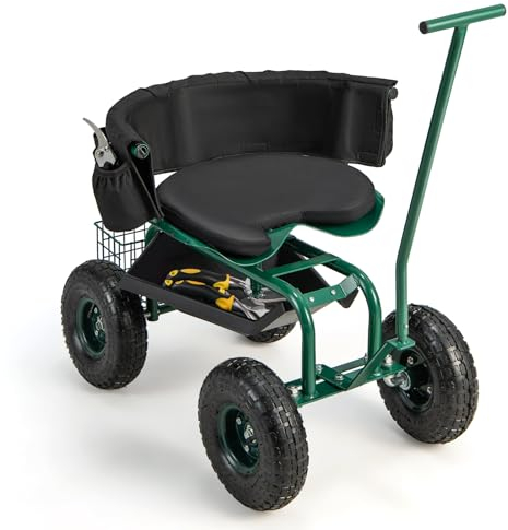 RELAX4LIFE Rollsitz, Gartenrollsitz 360 ° Drehbar & Höhenverstellbar 42-52cm, Fahrbarer Arbeitssitz mit 2 Griffen Korb Ablage Sitzkissen, Gartensitz mit 4 Rädern, bis 150kg Belastbar, für Gartenarbeit