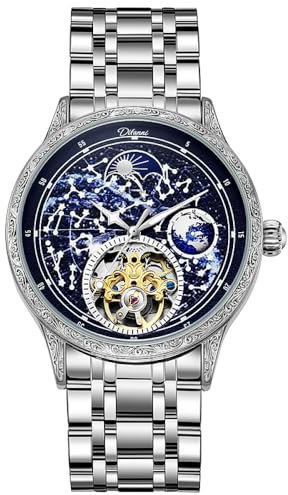 DAXIAOYU Brillantes Sternenhimmel-Zifferblatt für Herren, Tourbillon, mechanische Uhren, modisch, luxuriös, leuchtend, wasserdicht, Skelett, automatische Armbanduhr, silber, blau, modisch