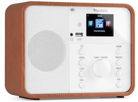 Audizio Nardo Internet DAB Digital Radio with Bluetooth, WiFi Connectivity, DAB+, FM & USB Playback, 2.4 Colour Display, Alarm Clock, Remote Control - White/Wood Finish