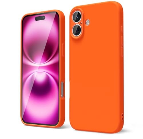 oakxco for iPhone 16 Plus Case Liquid Silicone, Soft Rubber Gel Elegant Aesthetic Basic Simple Cover, Cute Thin Slim TPU Matte Solid Color Plain Smooth Case for Women Men Boy, Neon Orange