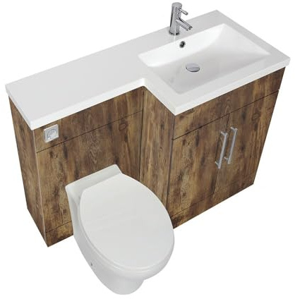 Milano Dark Oak Right Hand Bathroom Vanity WC Unit Chrome Bar Handle 1105mm | Engineered Wood Unit. Resin Basin. Floorstanding Installation. Ceramic Toilet. Decorative Handle. Assembly Required.