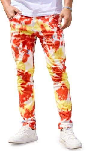 Gulots Men's Jeans Tie Dye Casual Printed Slim Fit Jeans Stretch Skinny Denim Pants for Men
