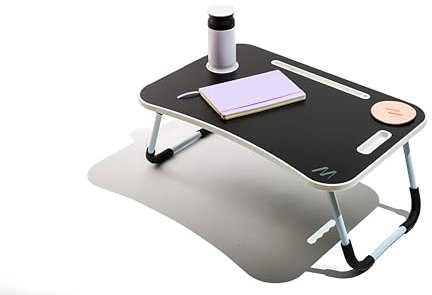 Muitomas, Tavolino da Smart Working, Scrivania Pieghevole in Plastica e Metallo, Richiudibile con Portabicchieri e Supporto Tablet, per Letto e Divano, 60 x 40 x 30 cm, Colore Nero
