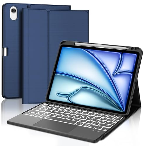 Occtingkind Hülle mit Tastatur und 7-Farben Beleuchtung & Touchpad für iPad Air 11 8./7./6. Gen (2026 M4/2025 M3/2024 M2), QWERTZ Deutsch, Magnetischer Stifthalter Oben, Bluetooth, Tiefblau