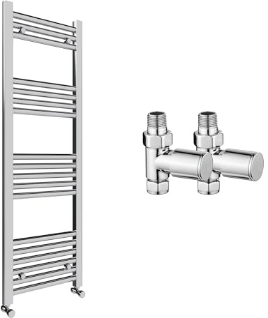 Chrome Bathroom Straight Heated Towel Rail Radiator 400 x 1200 & Straight Manual Valves