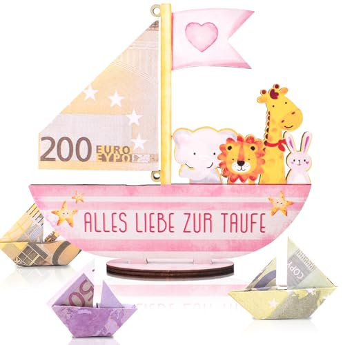 Taufgeschenke für Mädchen Geschenke zur Taufe Mädchen Rosa Arche Noah Holz, Geburt Taufe Geldgeschenk DIY Taufkarte Mädchen Personalisierte Geschenke für Kommunion, Geburtstag (Rosa)