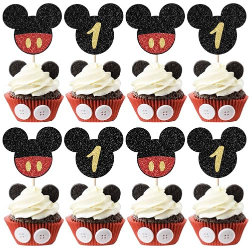 SYKYCTCY 24 Pack Mouse Inspired First Birthday Cupcake Toppers Glitter Bow Mini Mouse Cupcake Picks Baby Shower Kids Boys Girls 1st Birthday Party Cake Decorations Supplies Black Red