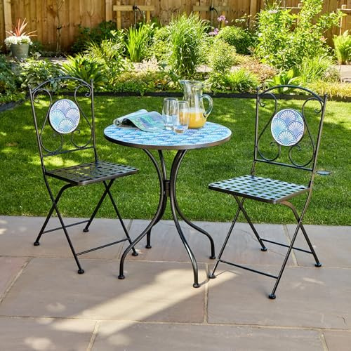 Home Source Ocean Mosaic Bistro Set – Blue Shell Mosaic, Iron Frame, Folding Chairs | 61cm Round Table x 71H cm | 3 Piece Garden Patio Set
