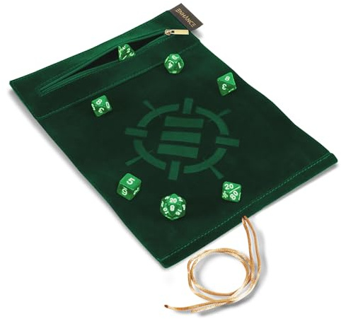 ENHANCE Würfelmatte zum Rollen auf Einer Schriftrolle und 7-teiliges Acrylwürfelset - Samt-Würfeletui mit Würfelhalter und Ablage, kompatibel mit DND und Anderen Tabletop-Spielen - Grun
