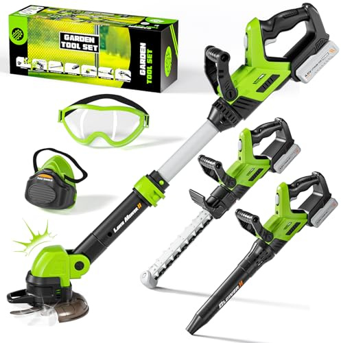 Kids Tool Set, 3-IN-1 Toddler Power Garden Tools with Sounds & Lights, Volume+/-, Toy Weed Wacker, Leaf Blower & Hedge Trimmer, Outdoor Play Toy Tools, Christmas Birthday Gifts for Boys 3 4 5 6 7 8+
