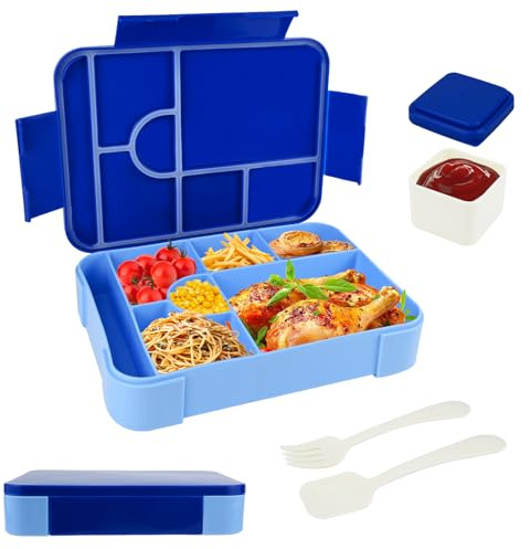 lompyeu 1330ML Brotdose Kinder mit Fächern, BPA Frei Bento Box Kinder (Löffel & Gabel), Wiederverwendbare Lunchbox für Schule & Picknick, Mikrowellengeeignet Jausenbox (Blau)