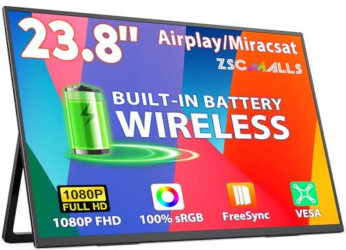 ZSCMALLS 23.8 Inch Wireless Portable Monitor with Built-in Battery, 1080p FHD IPS Display, Screen Transmission with AirPlay and Miracast, No Need for Applications, Alternate Mode