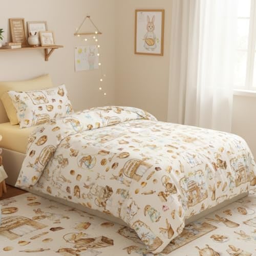 Nayoroom Bettwäsche Kinder 135x200 Beige Hasen Bettbezug Kinderbettwäsche | Oeko-TEX, Microfaser, Bettbezug 135x200 cm + Kissenbezug 80x80 cm, für Mädchen Jungen, Reißverschluss, Hasenmotiv