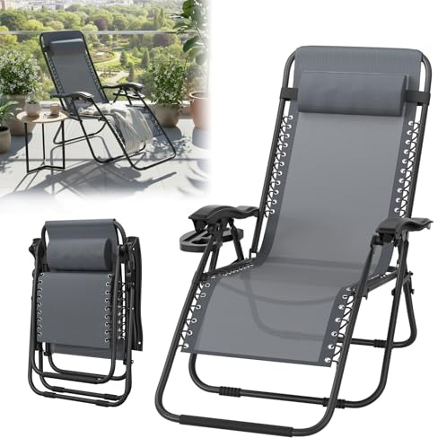 ACXIN Liegestuhl Klappbar Extra Breit, Sonnenliege und Gartenliege Wetterfest mit Zwei-Stufen-Rückenverstellung, Campingstuhl Faltbar für Balkon und Terrasse, Stabil bis 120kg(Grau, 1 Stück)