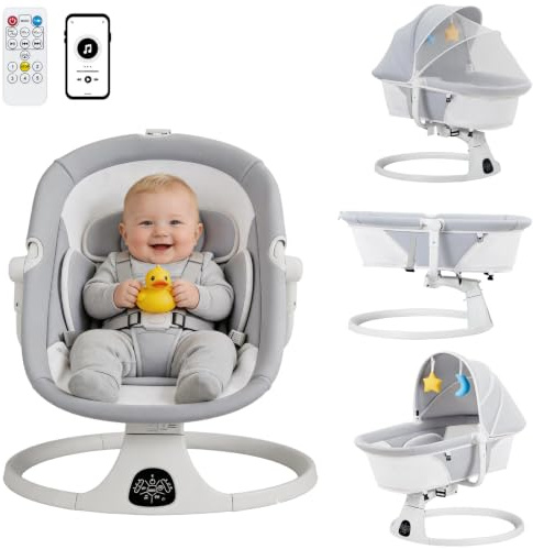 YOBWOK Babywippe Elektrisch, Elektrische Babyschaukel, faltbar für Neugeborene,360°-Sitzdrehung,abnehmbares Moskitonetz & Verdeck,geeignet für 0 bis 18 Monate