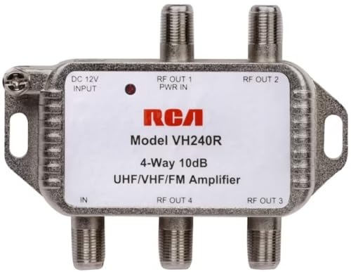 RCA VH240R 4-Way Video Signal Amplifier & Splitter; Use with RG6 or RG59 Coaxial Cable; Amplifies VHF, UHF, and FM Signals by 10dB