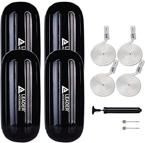 Leader Zubehör Loch durch Mitte Gerippter aufblasbares Boot Fender 4 Stück inkl. 4 FENDER Linien und Pumpe zum Aufblasen, schwarz
